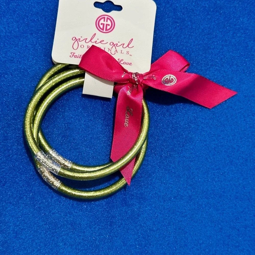 Girlie Girl Originals. 3 Glittery Green Bracelets with Pink Ribbon. (NWT)
